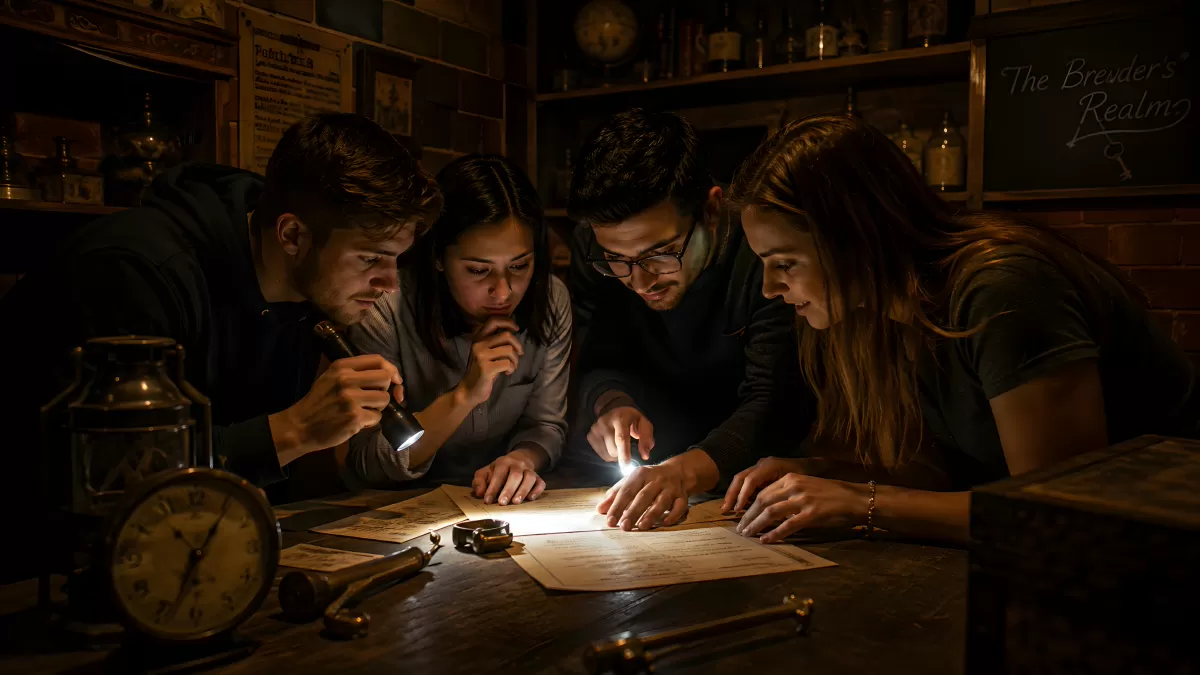 Vier Personen lösen Rätsel bei Escape Room mit Taschenlampe