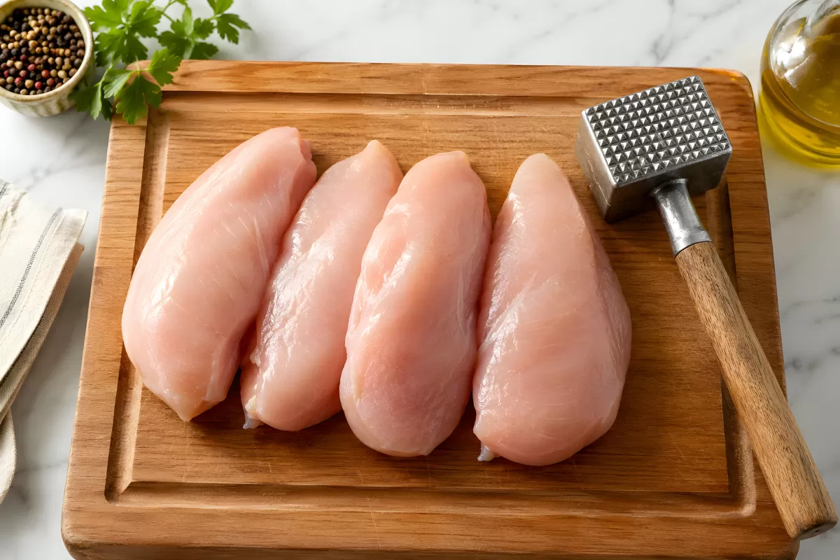 Vier rohe Hähnchenbrustfilets auf Holzbrett mit Fleischhammer