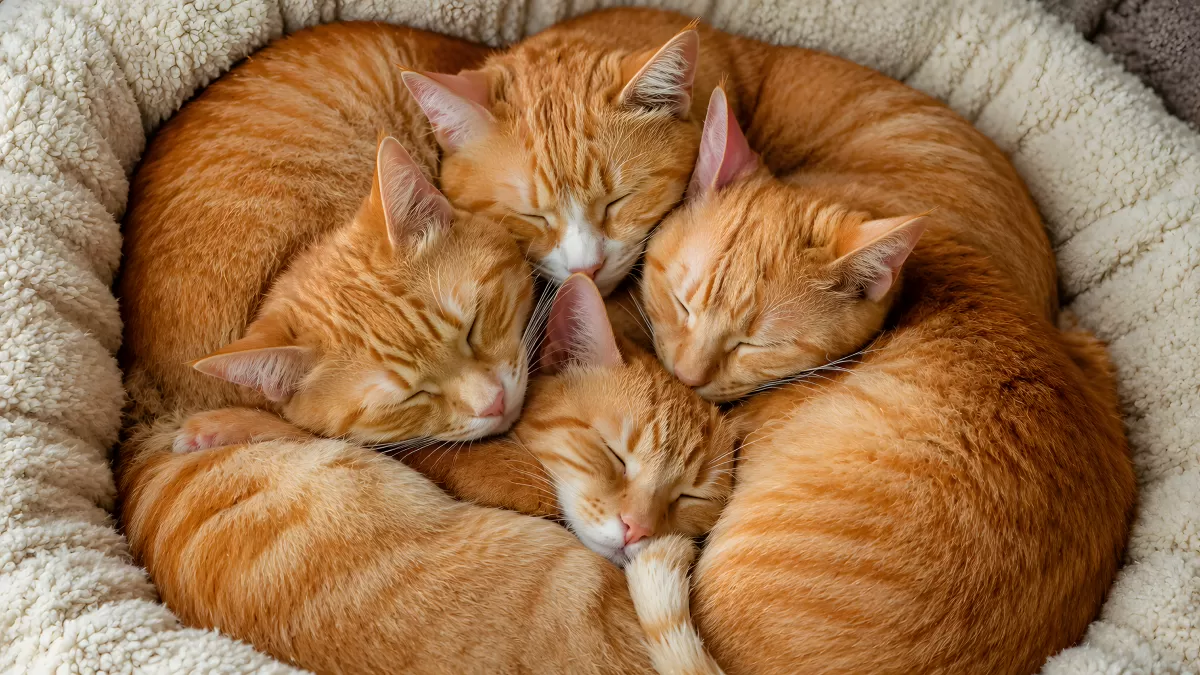 Vier schlafende Ingwerkatzen kuscheln im Katzenkorb