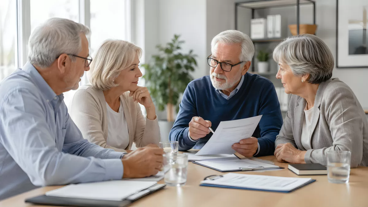 Vier Senioren besprechen gemeinsam wichtige Dokumente
