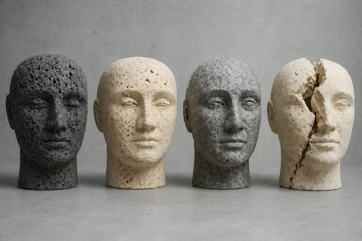 Vier Steinköpfe aus Lava und Kalkstein in einer Reihe