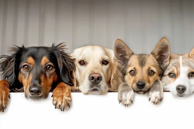 Vier süße Hunde schauen hoffnungsvoll aus dem Bild