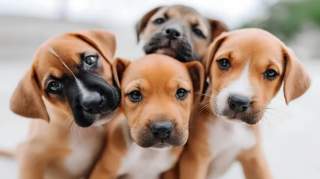 Vier verspielte Welpen mit großen Augen