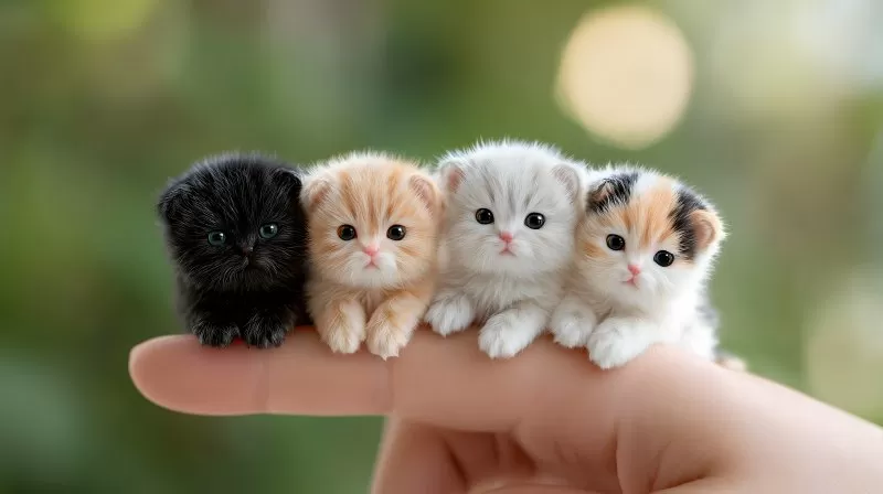 Vier winzige Kätzchen sitzen auf einem Finger