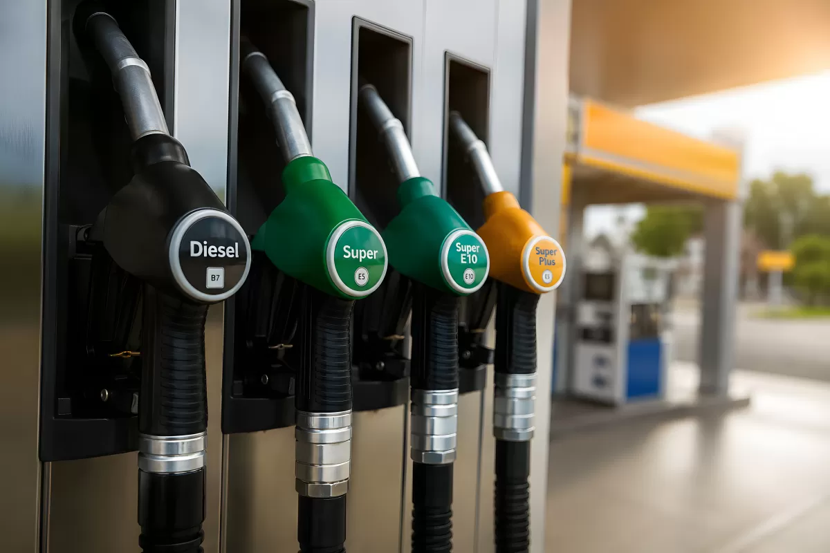 Vier Zapfpistolen an einer Tankstelle im Überblick