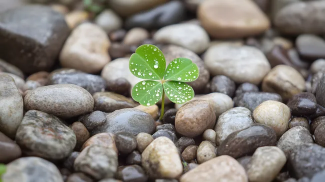 Vierblätriger Klee mit Regentropfen auf Kieselsteinen