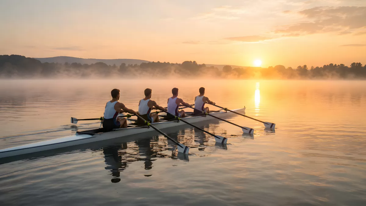 Vierer-Ruderboot bei goldenem Sonnenaufgang im Nebel
