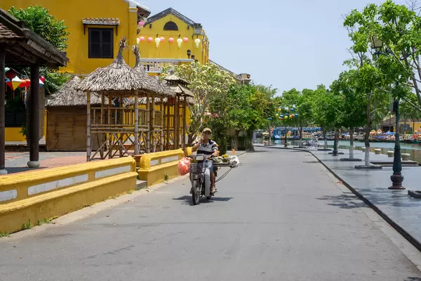 Vietnamese Man on a Motorbike with Durian Fruits in an empty Ancient Town with Yellow Buildings and Lanterns in Hoi An, Vietnam