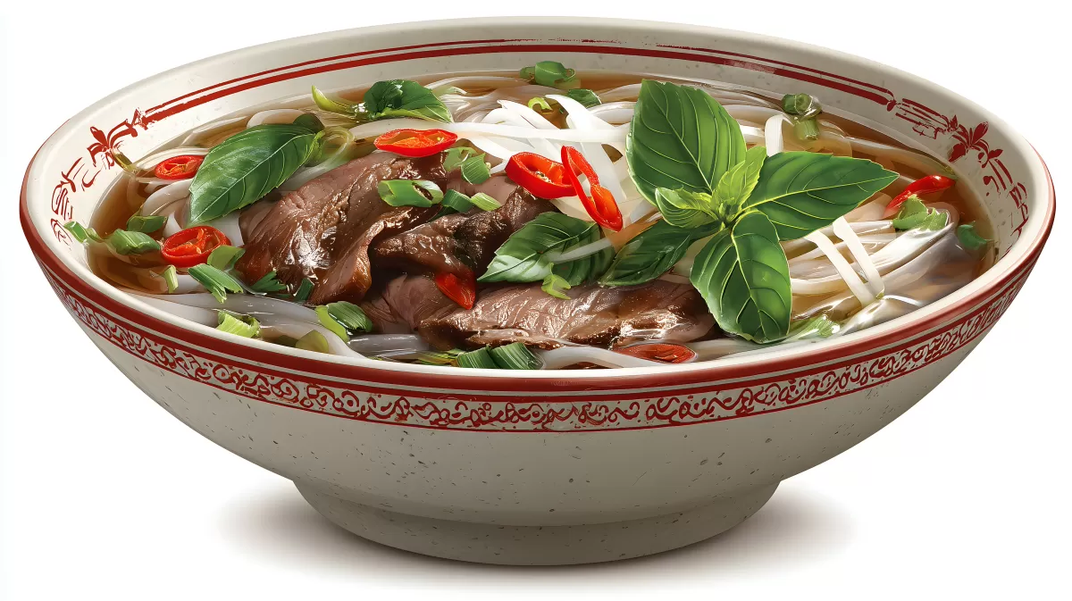 Vietnamesische Rindfleisch-Nudelsuppe in rustikaler Schüssel