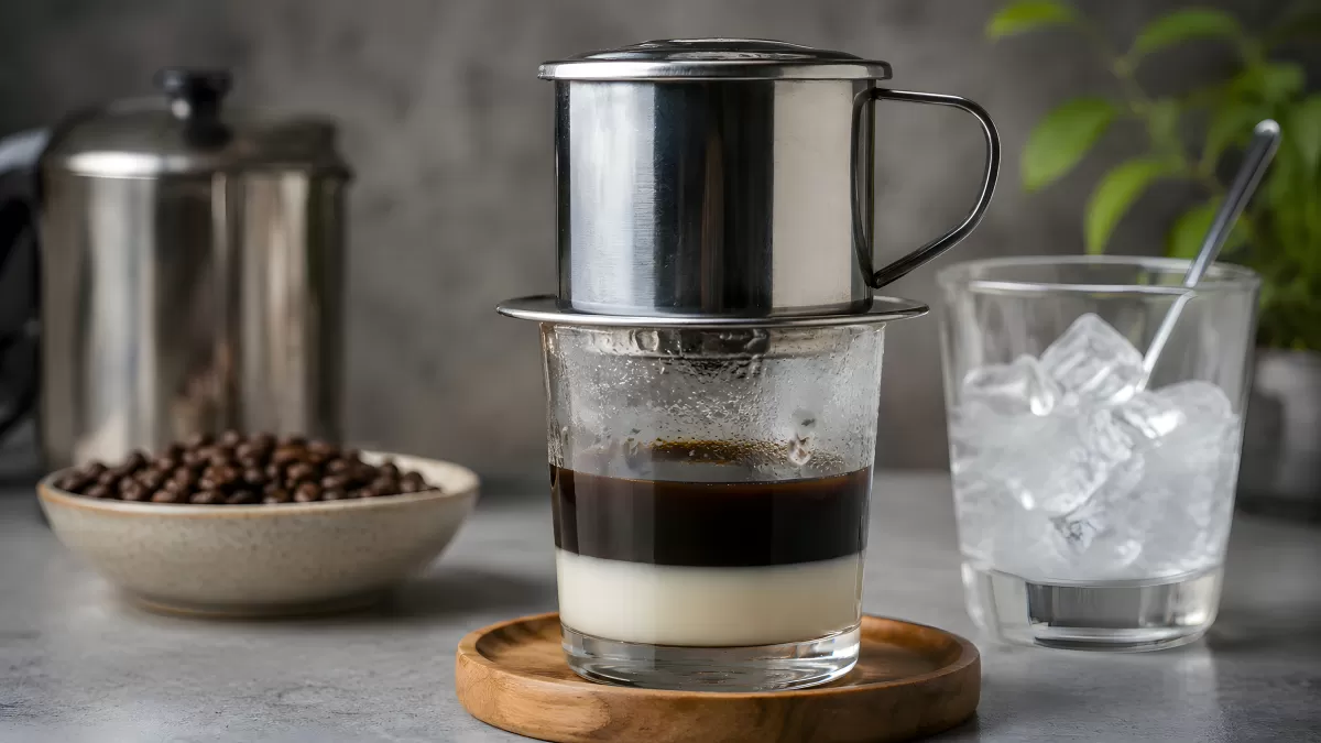 Vietnamesischer Eiskaffee mit Kondensmilch im Glas
