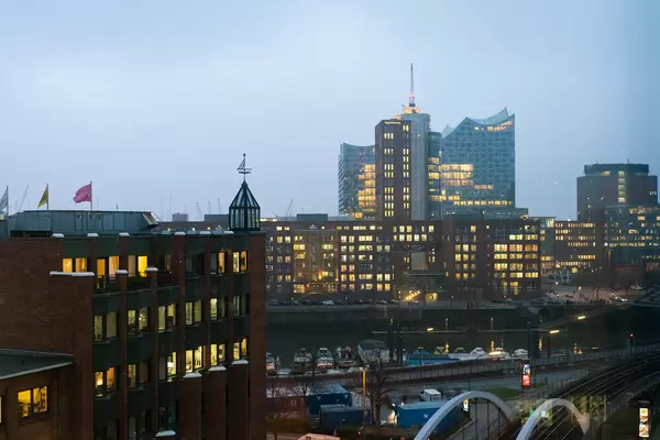 View at the city center of Hamburg with Elbphilharmonie, water canals and U-bahn rails