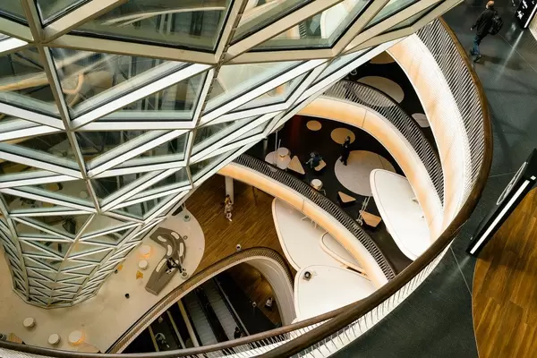 View down the hollow in floors for parametric cone construction in My Zeil shopping mall