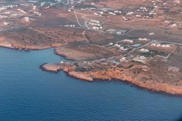 View from the plane of a Greek island in the Aegean Sea