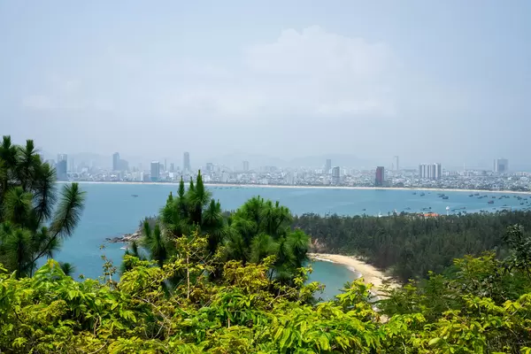 View of Hidden Beaches, Fishing Boats and the Skyline of Da Nang from Linh Ung Pagoda on Son Tra Island in Da Nang, Vietnam