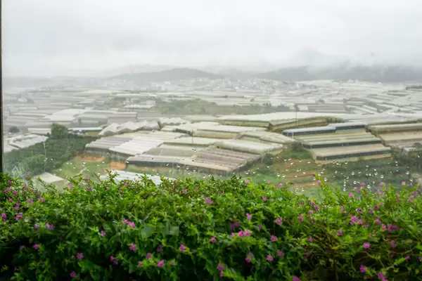 View of Mountains and Grow Houses from a Window of a Cafe in Da Lat, Vietnam