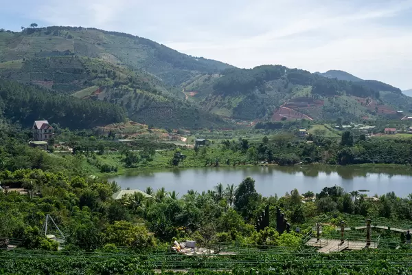 View of Photo Walkway, Mountains, Lake and Coffee Plantation at Me Linh Cafe in Da Lat, Vietnam