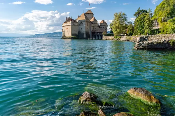 View of the medieval castle – Château de Chillon from the Geneva lakeside