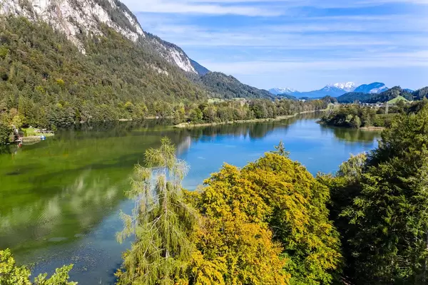View of the Reintalersee with the Brandenberger Alps. Drone shot of autumn landscape in Tyrol
