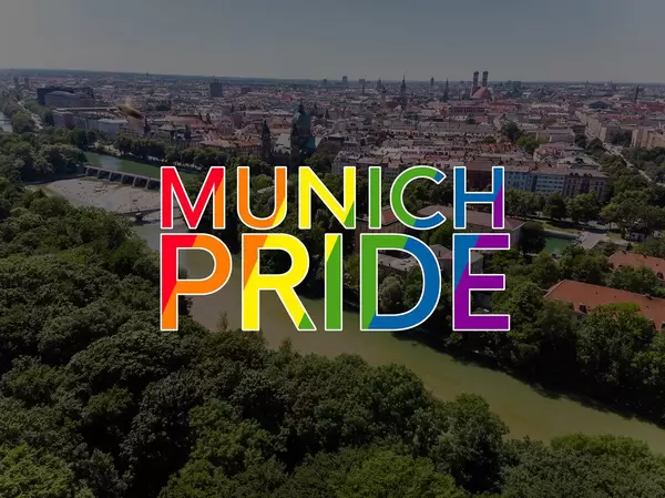 View over the German city Munich with the rainbow-coloured title ""Munich Pride", to celebrate LGBTQ-rights in Germany
