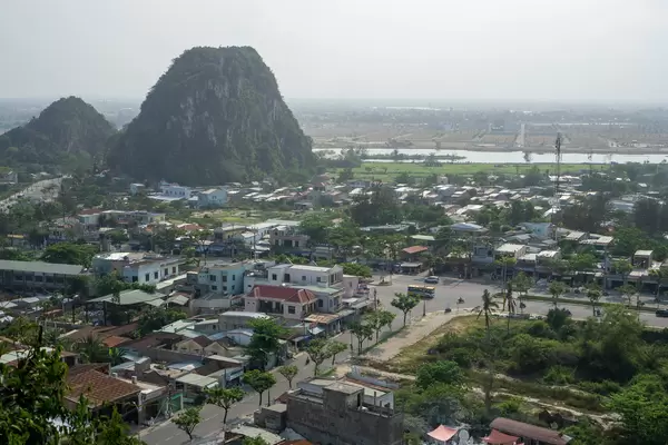 Viewpoint from the Top of Marble Mountains with View of Streets, Buildings, River and Limestone Rocks in Da Nang, Vietnam