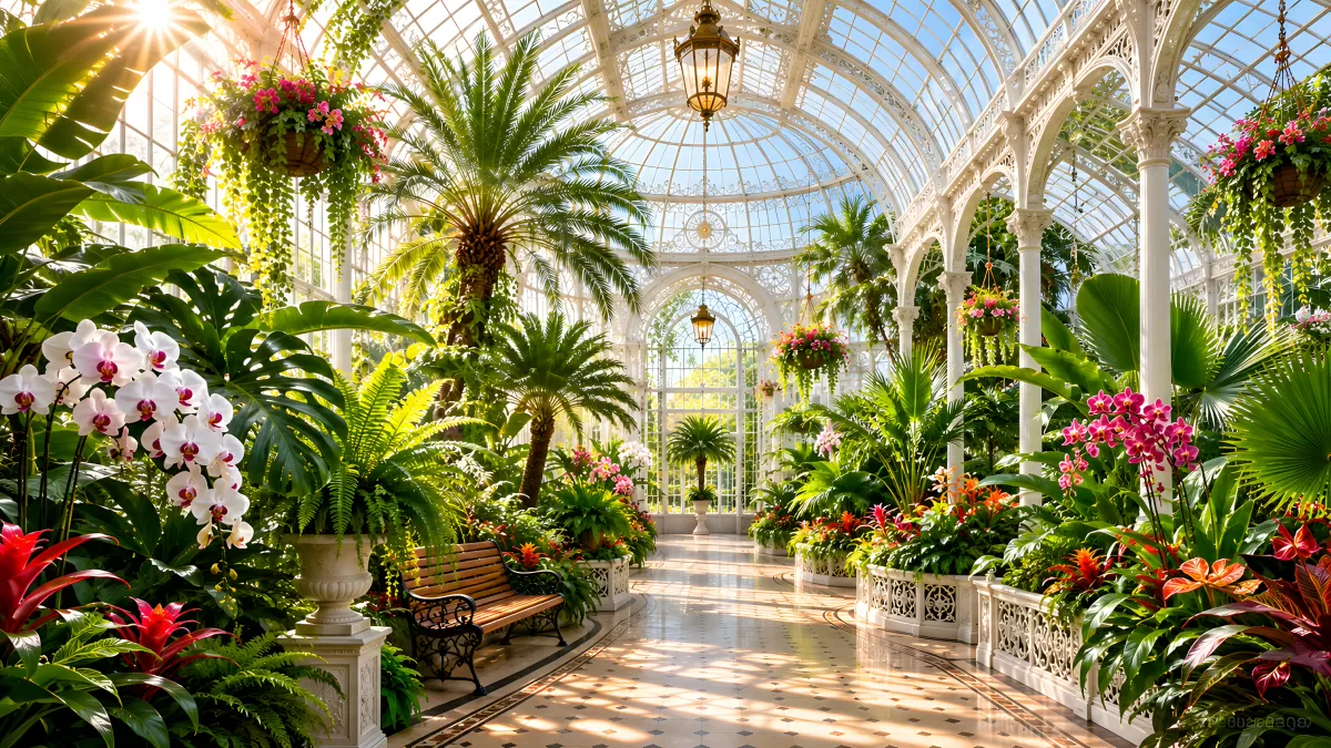 Viktorianisches Glashaus mit tropischen Pflanzen und Orchideen