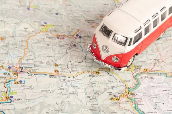 Vintage camper van on map