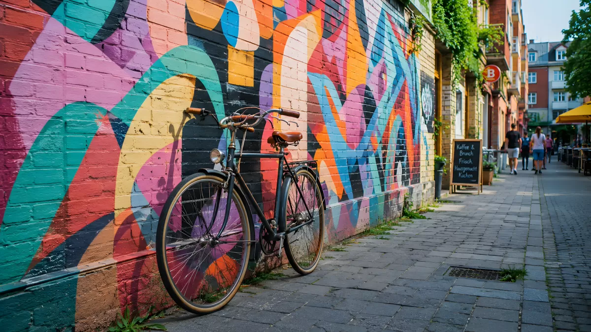 Vintage-Fahrrad an buntem Graffiti-Wandgemälde in der Stadt — Bild kostenlos herunterladen