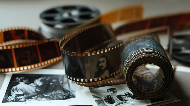 Vintage-Filmmaterial und Filmfotos auf Holztisch