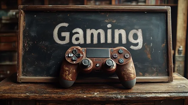 Vintage Gaming-Controller vor alter Tafel