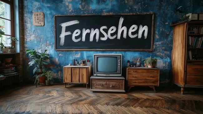 Vintage-Innenraum mit Retro-Fernseher und Kreidetafel-Beschriftung