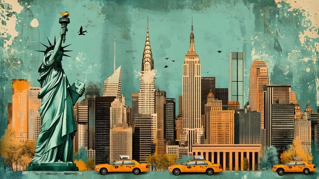 Vintage-inspirierte New York Skyline mit Freiheitsstatue