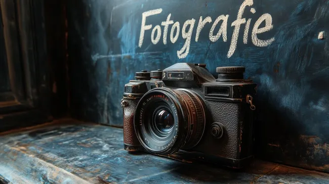 Vintage Kamera auf Kreidetafel mit Fotografie-Schriftzug