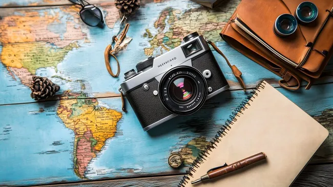 Vintage-Kamera auf Weltkarte mit Reiseaccessoires