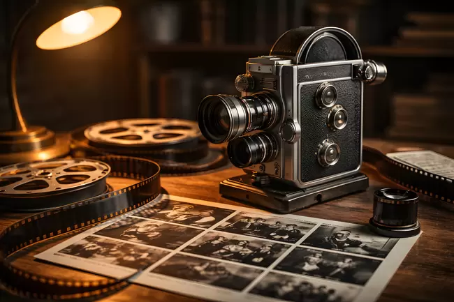 Vintage-Kamera und Filmrollen - Retro-Fotografie Hintergrund