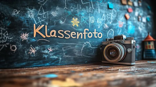 Vintage-Kamera vor Tafel mit Kreide-Schriftzug