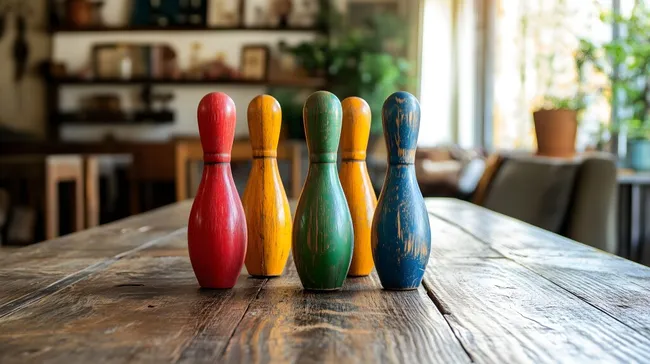 Vintage-Kegelspiel-Set mit bunten Holzkegeln