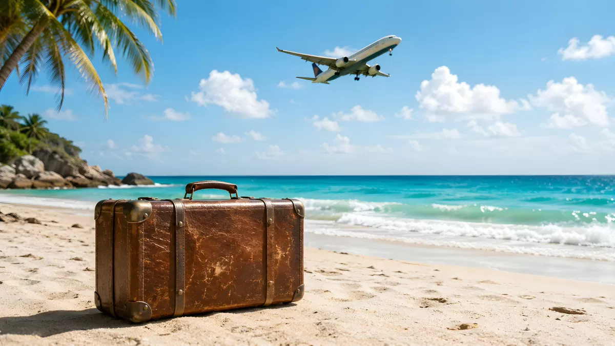 Vintage-Koffer am Strand mit Flugzeug am Himmel