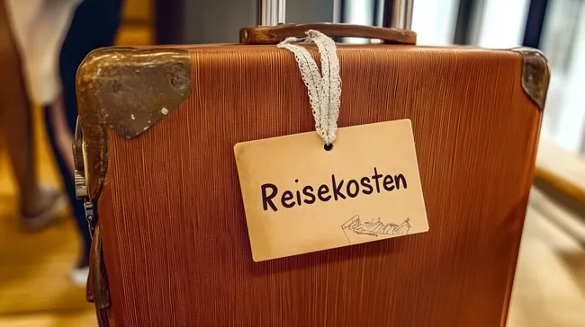 Vintage-Koffer mit Reisekostenaufkleber