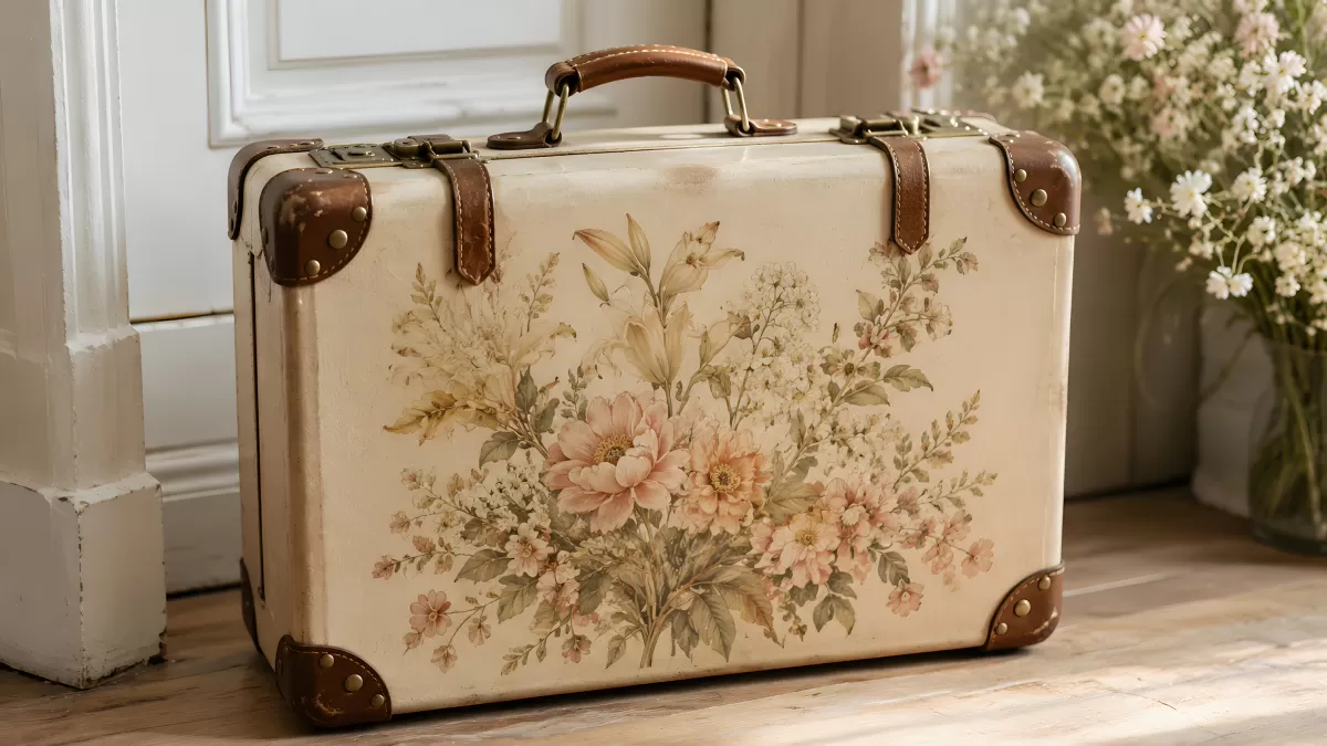 Vintage-Koffer mit romantischem Blumenmuster aus Rosen