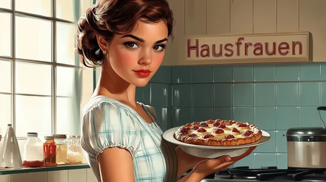 Vintage-Küchenbild mit lächelnder Frau und Obstkuchen