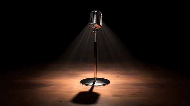Vintage-Mikrofon auf dunkler Bühne im Scheinwerferlicht