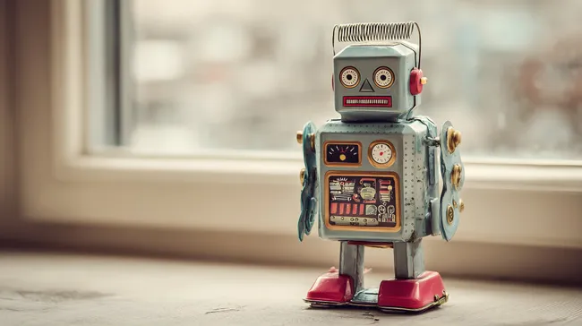 Vintage Roboter-Figur vor Fenster