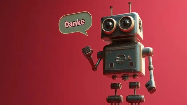 Vintage Roboter mit Danke-Sprechblase auf rotem Hintergrund