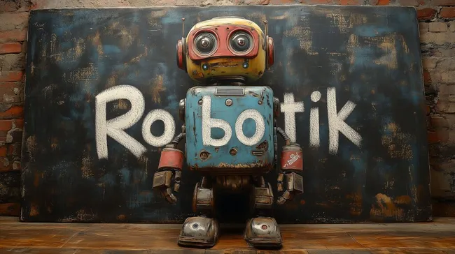 Vintage-Roboter vor Tafel in Industrieumgebung