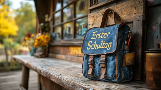 Vintage-Rucksack zum ersten Schultag vor ländlichem Holzhintergrund