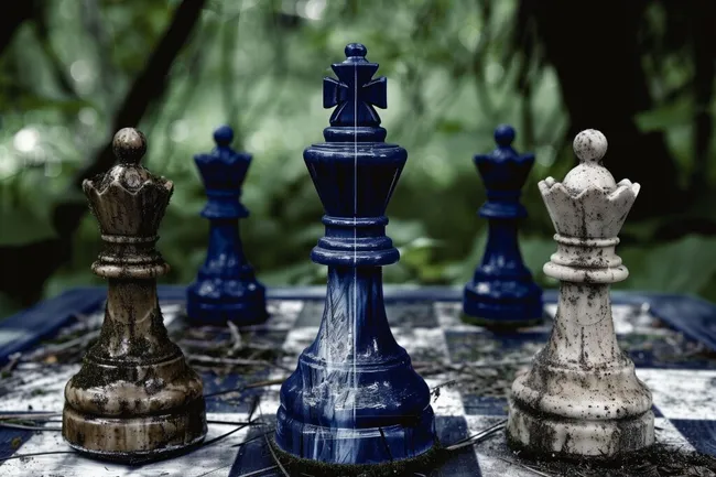 Vintage Schachspiel auf Holzbrett im Wald