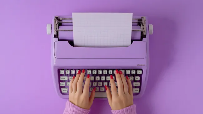 Vintage-Schreibmaschine in Lila mit Papier