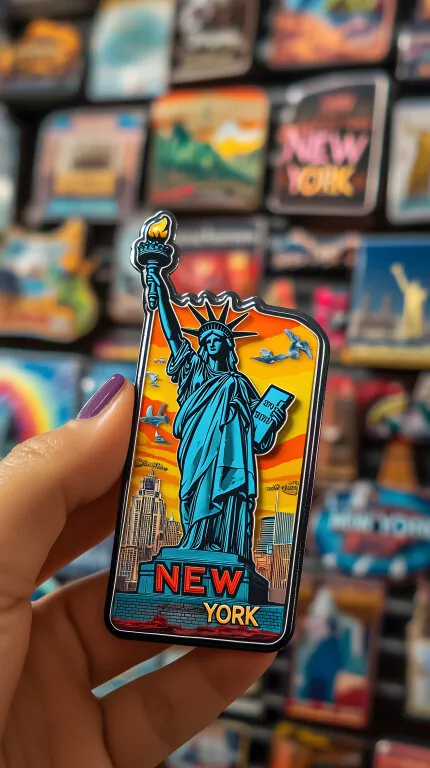 Vintage-Souvenir-Magnet mit Freiheitsstatue vor Stadtpanorama