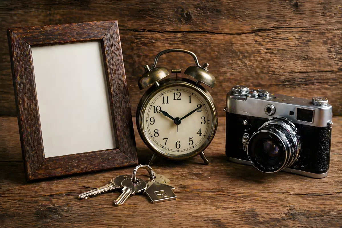 Vintage Stillleben mit Kamera, Wecker und Bilderrahmen