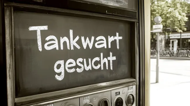 Vintage Tafel mit 'Tankwart gesucht'-Werbung
